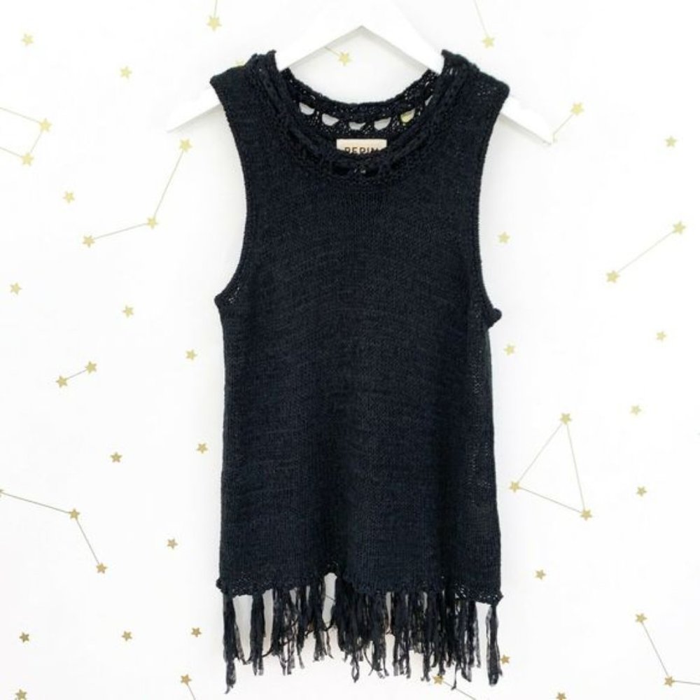 Anthro • Black Knit Fringed Sleeveless Tank Top XS